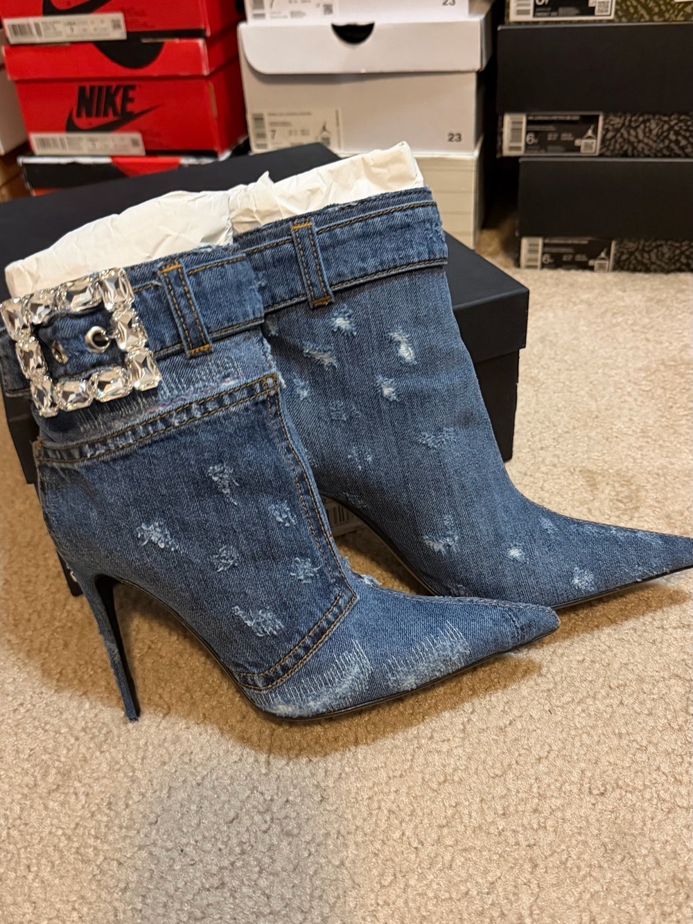 Dolce & Gabbana Denim Pointed-Toe Stiletto Ankle Boots with Embellished Buckle